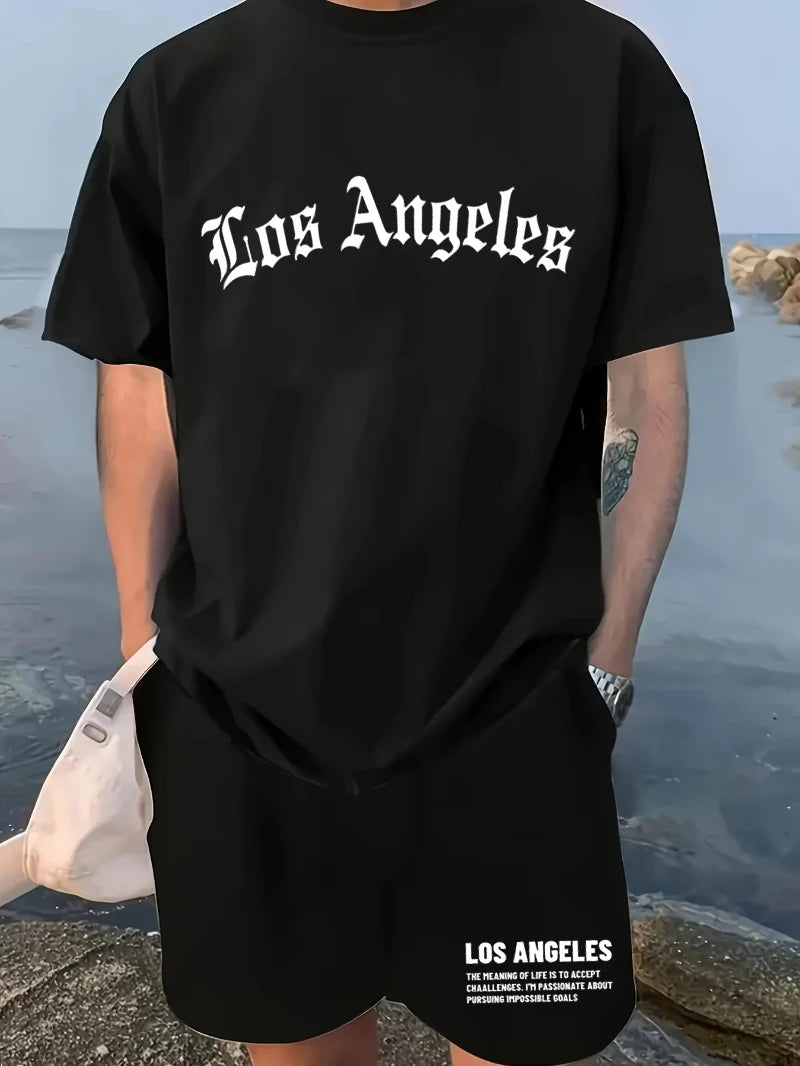 Men's Summer 100% Cotton Fashion Los Angeles Letter Printing Loose Large Casual Comfort T-Shirt Shorts Two-piece Set
