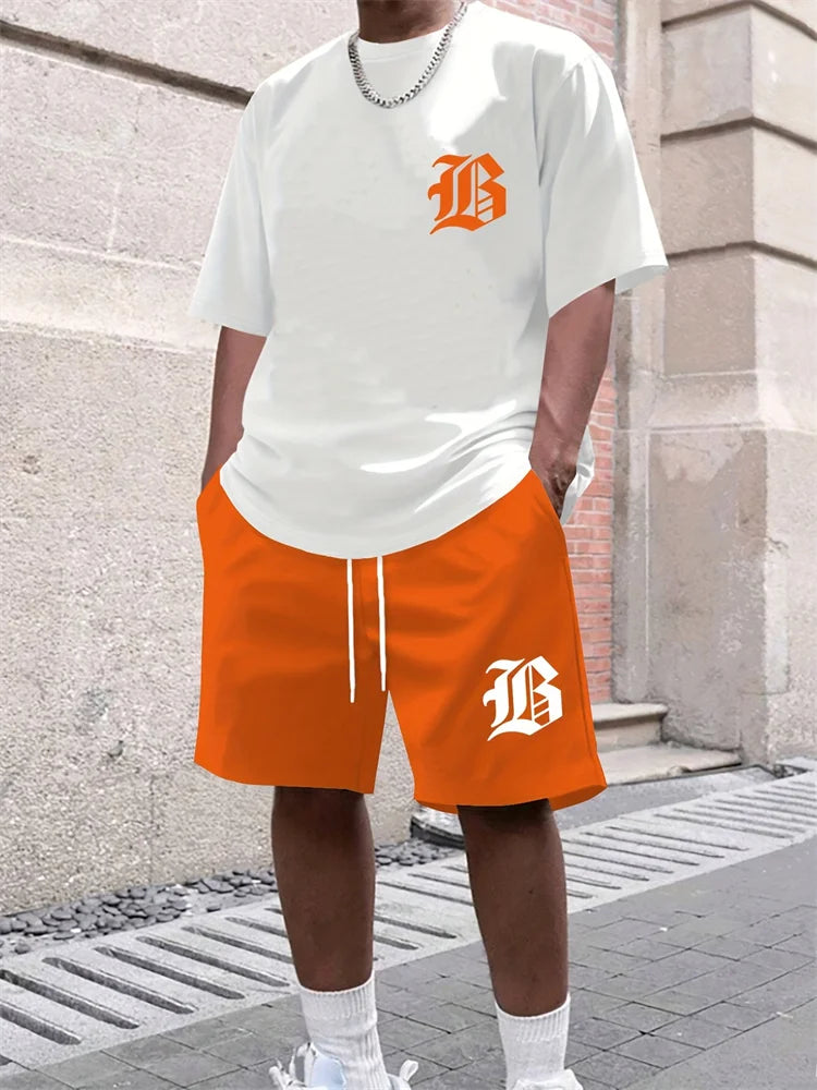Men Casual Black TShirt Shorts Set Bold "B" 3D Print Tracksuit Summer Streetwear Men Sportwear Outdoor Shorts Sleeve Set 2 Piece