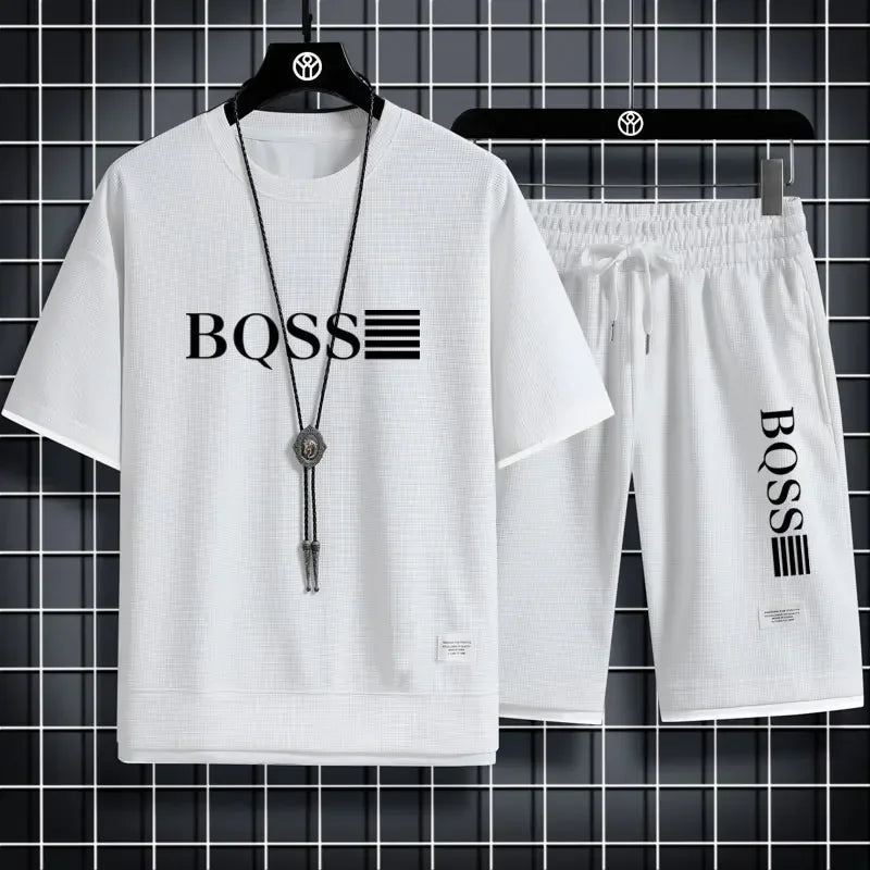 2025 new sportswear, men's summer breathable jogging set, men's printed round-neck short-sleeved shirt + elastic waist shorts