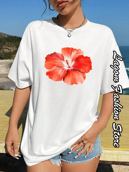 Cherry Print Women Fashion T-Shirt O-Neck Tops Tees Floral Graphic Short Sleeve Clothing Female Casual Streetwear