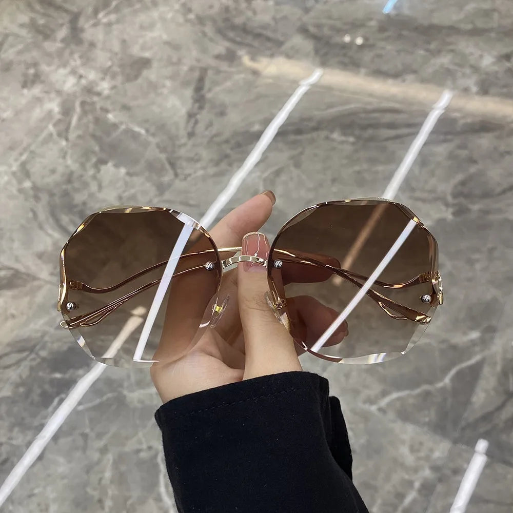 Trendy Fashionable Polygon Frameless Cut Edge Sunglasses Women's Metal Curved Legs Retro Street Photo Fashionglasses