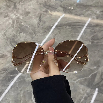 Trendy Fashionable Polygon Frameless Cut Edge Sunglasses Women's Metal Curved Legs Retro Street Photo Fashionglasses