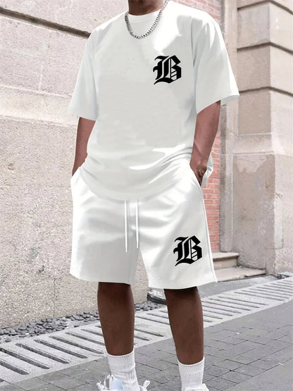 Men Casual Black TShirt Shorts Set Bold "B" 3D Print Tracksuit Summer Streetwear Men Sportwear Outdoor Shorts Sleeve Set 2 Piece
