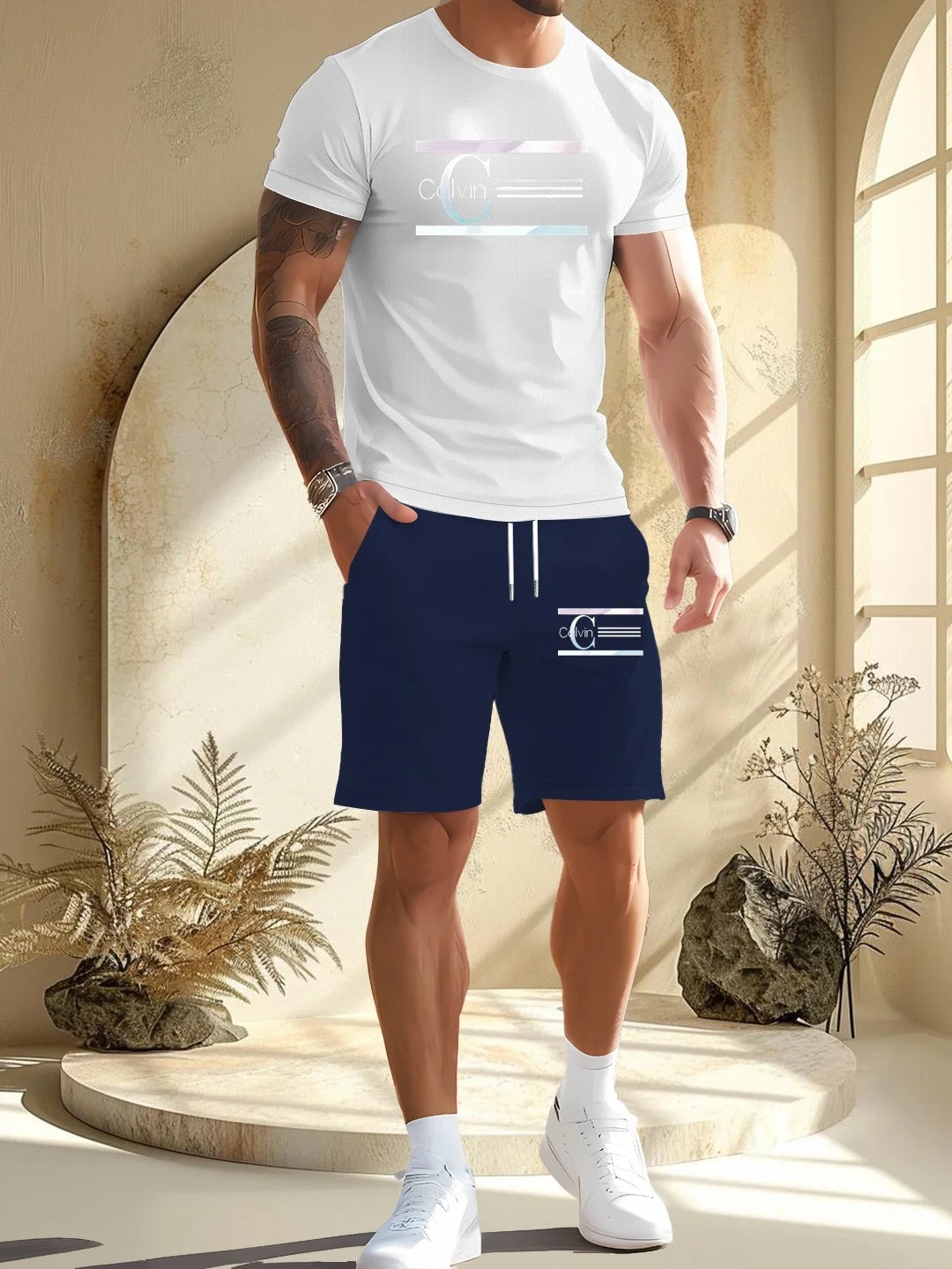 summer men  new casual sports suit Fashion breathable outdoor short-sleeved T-shirt + training shorts two-piece set