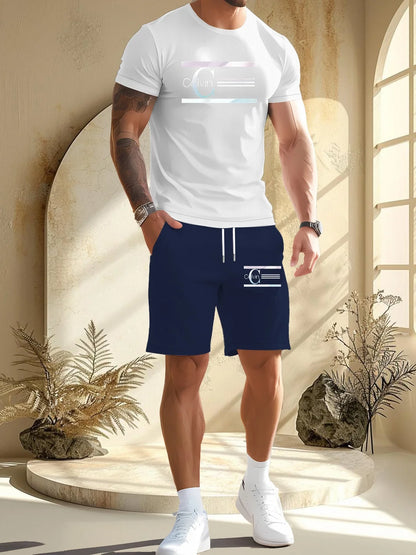 summer men  new casual sports suit Fashion breathable outdoor short-sleeved T-shirt + training shorts two-piece set