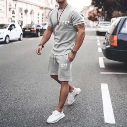 Men's Clothing Summer Suit CR7 Sports Suit Comfortable Breathable Mesh Running Sets Jogging Fitness Tracksuit T-shirt casual set