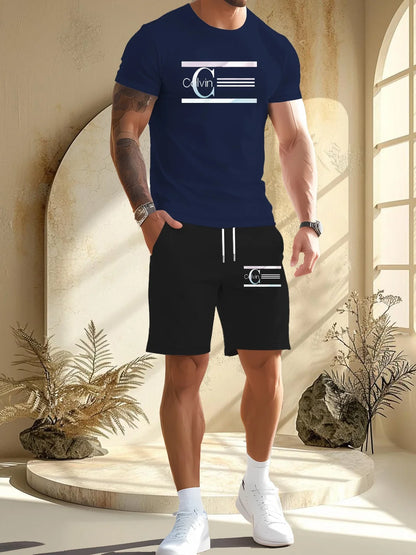 summer men  new casual sports suit Fashion breathable outdoor short-sleeved T-shirt + training shorts two-piece set