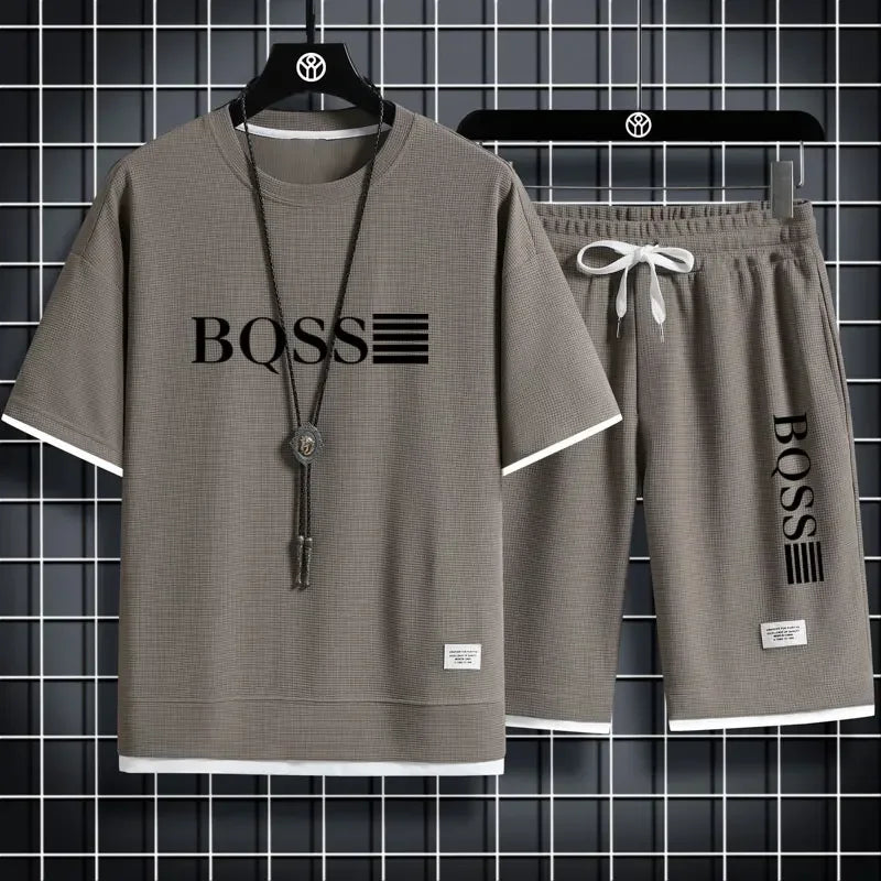 2025 new sportswear, men's summer breathable jogging set, men's printed round-neck short-sleeved shirt + elastic waist shorts