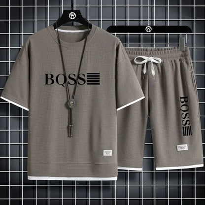 2025 new sportswear, men's summer breathable jogging set, men's printed round-neck short-sleeved shirt + elastic waist shorts