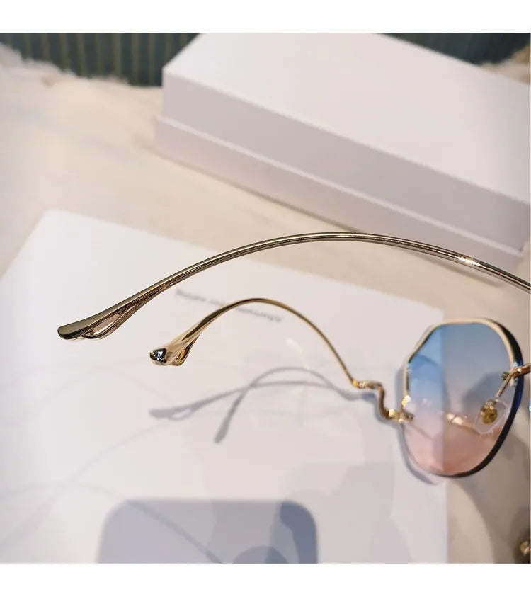 Trendy Fashionable Polygon Frameless Cut Edge Sunglasses Women's Metal Curved Legs Retro Street Photo Fashionglasses