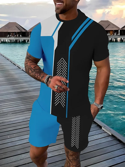 2025 summer new men's casual sports short sleeved shorts 3D printed men's T-shirt shorts set