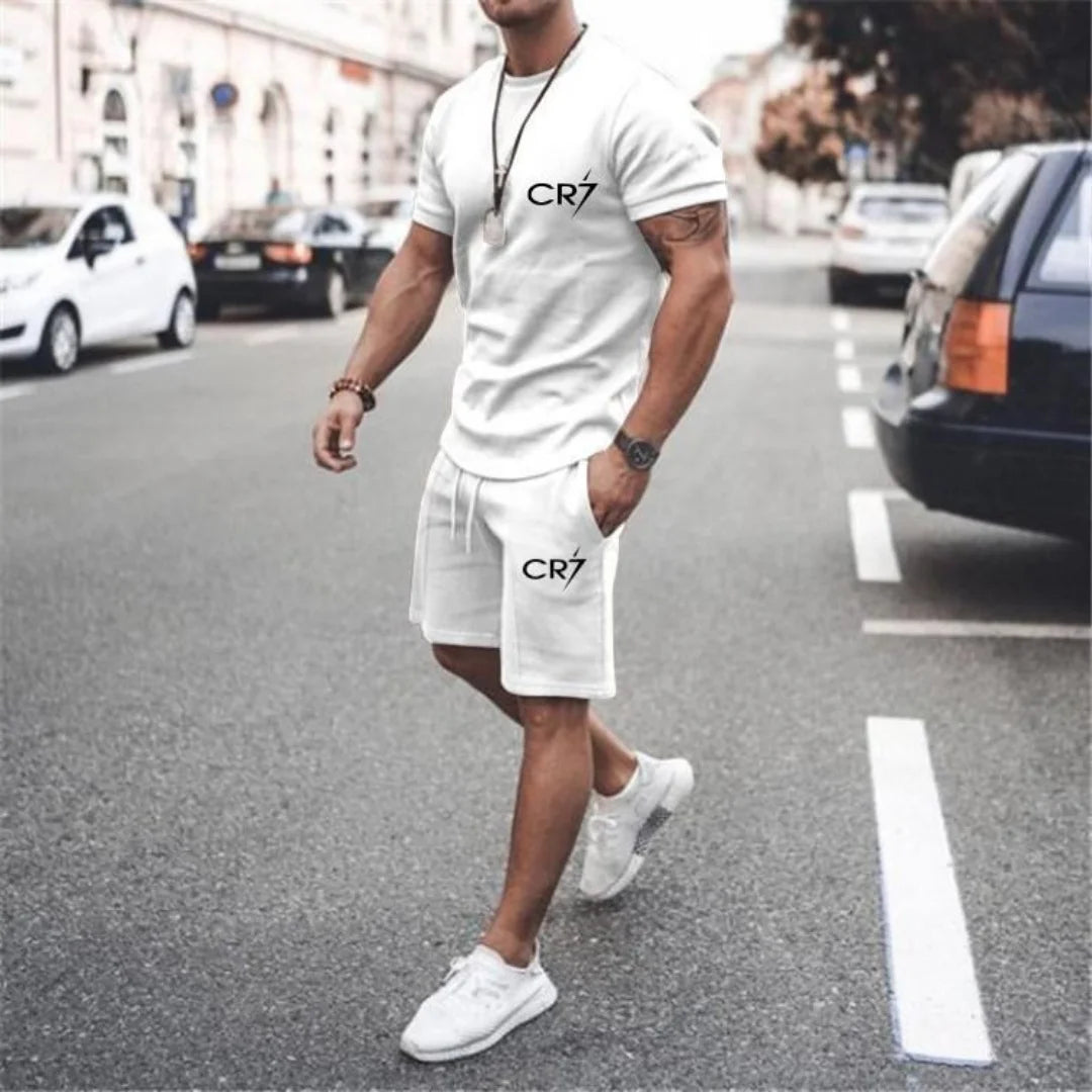 Men's Clothing Summer Suit CR7 Sports Suit Comfortable Breathable Mesh Running Sets Jogging Fitness Tracksuit T-shirt casual set