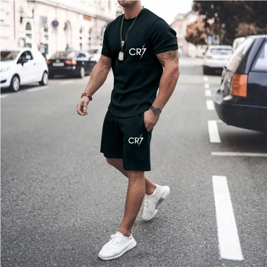 Men's Clothing Summer Suit CR7 Sports Suit Comfortable Breathable Mesh Running Sets Jogging Fitness Tracksuit T-shirt casual set