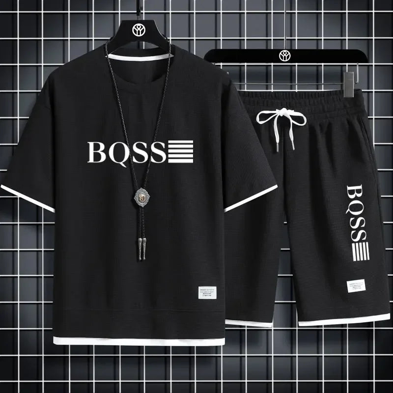 2025 new sportswear, men's summer breathable jogging set, men's printed round-neck short-sleeved shirt + elastic waist shorts