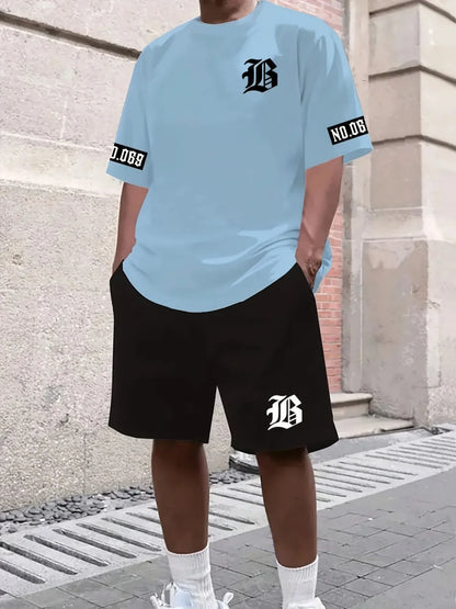 2025 New Summer Men's Letter Printed Comfortable and Breathable Round Neck T-shirt and Shorts Set Solid Color Colo Sportswear