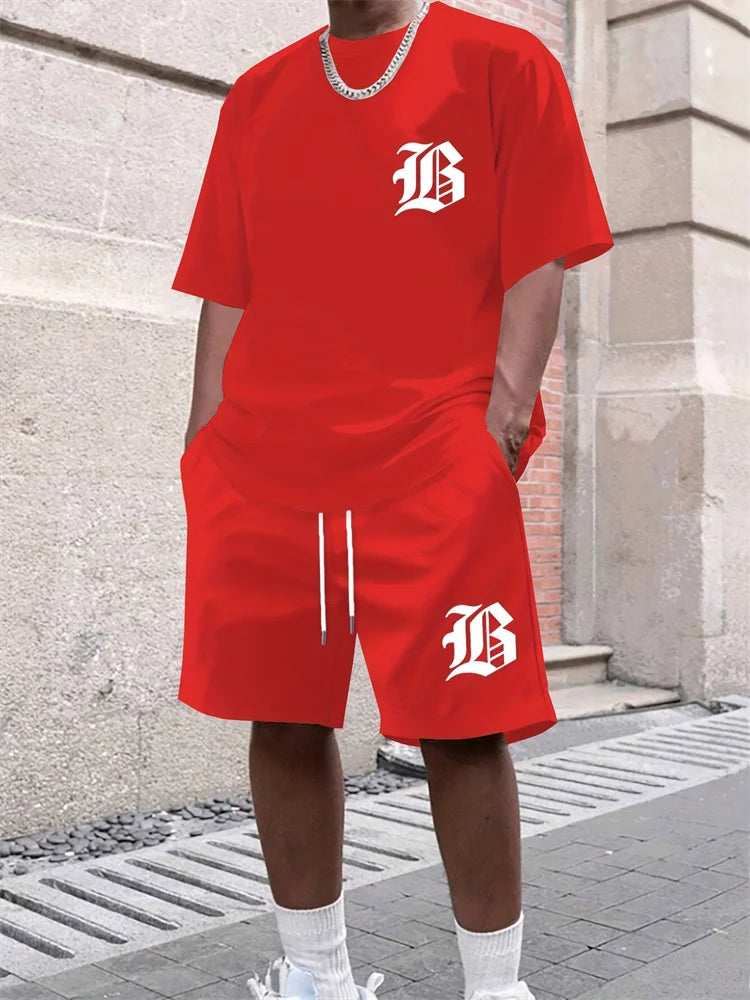 Men Casual Black TShirt Shorts Set Bold "B" 3D Print Tracksuit Summer Streetwear Men Sportwear Outdoor Shorts Sleeve Set 2 Piece
