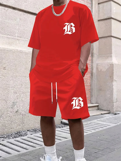 Men Casual Black TShirt Shorts Set Bold "B" 3D Print Tracksuit Summer Streetwear Men Sportwear Outdoor Shorts Sleeve Set 2 Piece