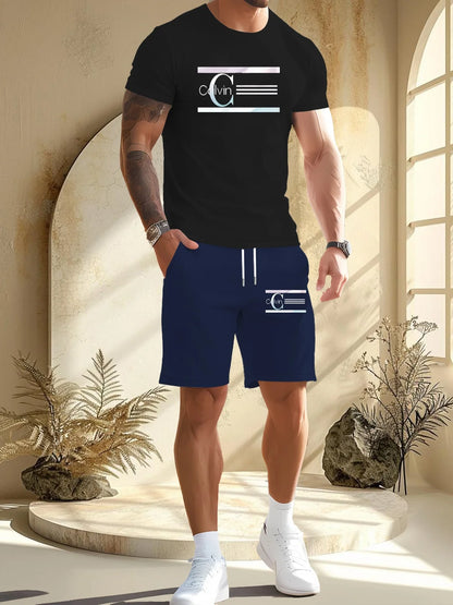 summer men  new casual sports suit Fashion breathable outdoor short-sleeved T-shirt + training shorts two-piece set