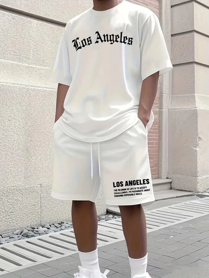 Men's Summer 100% Cotton Fashion Los Angeles Letter Printing Loose Large Casual Comfort T-Shirt Shorts Two-piece Set