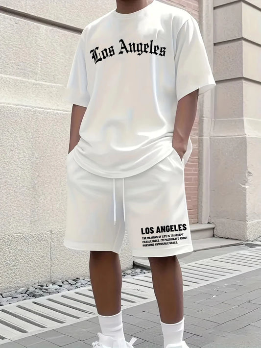 Men's Summer 100% Cotton Fashion Los Angeles Letter Printing Loose Large Casual Comfort T-Shirt Shorts Two-piece Set