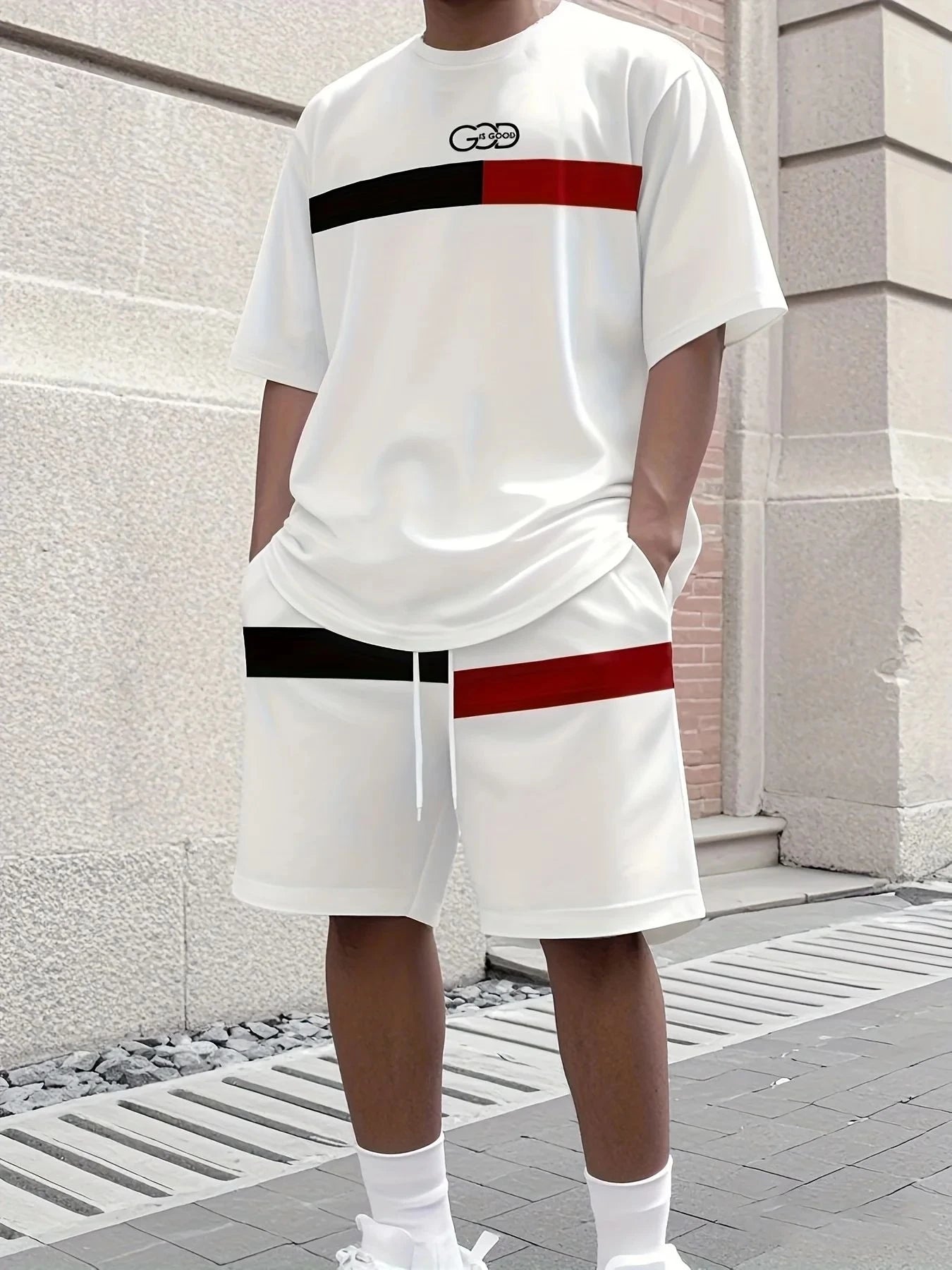 Fashionable urban men's fashion quick drying striped printed short sleeved shorts set outdoor casual breathable two-piece set