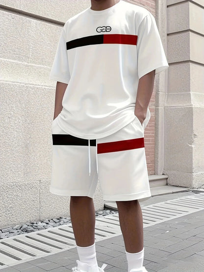 Fashionable urban men's fashion quick drying striped printed short sleeved shorts set outdoor casual breathable two-piece set