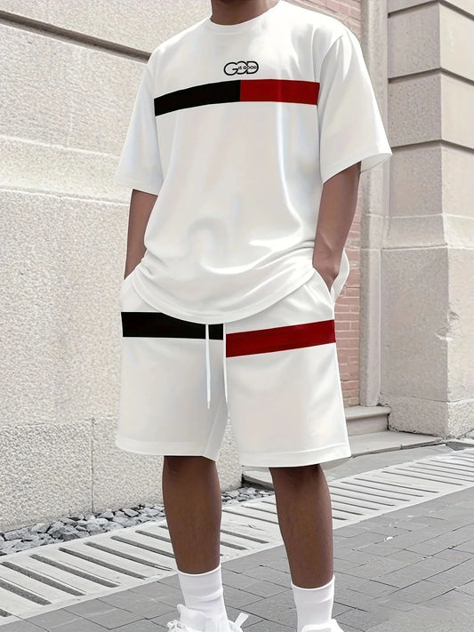 Fashionable urban men's fashion quick drying striped printed short sleeved shorts set outdoor casual breathable two-piece set