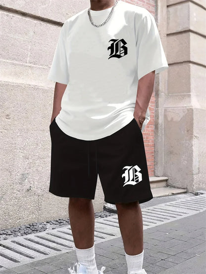 Men Casual Black TShirt Shorts Set Bold "B" 3D Print Tracksuit Summer Streetwear Men Sportwear Outdoor Shorts Sleeve Set 2 Piece