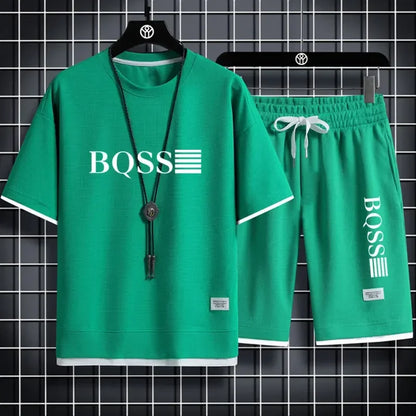 2025 new sportswear, men's summer breathable jogging set, men's printed round-neck short-sleeved shirt + elastic waist shorts