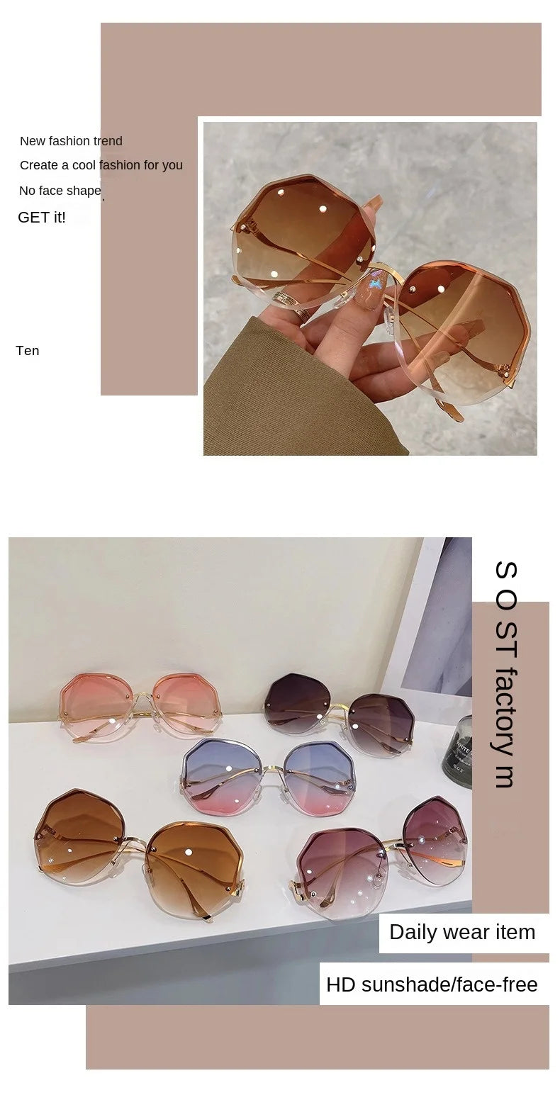 Trendy Fashionable Polygon Frameless Cut Edge Sunglasses Women's Metal Curved Legs Retro Street Photo Fashionglasses
