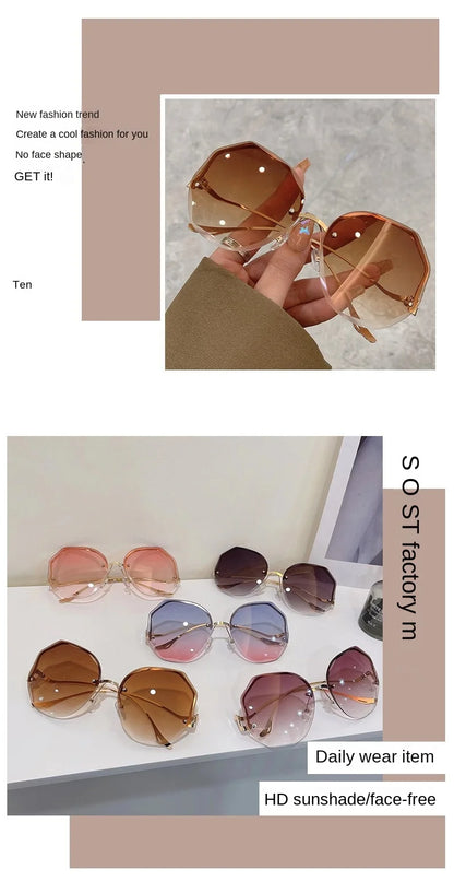Trendy Fashionable Polygon Frameless Cut Edge Sunglasses Women's Metal Curved Legs Retro Street Photo Fashionglasses