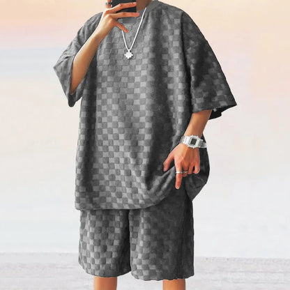 European and American Oversized Fashion Brand Men's Summer New Chessboard Plaid Loose Sports and Leisure Two-Piece Set