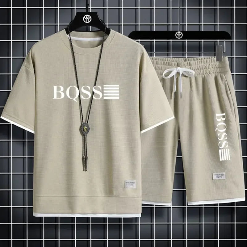 2025 new sportswear, men's summer breathable jogging set, men's printed round-neck short-sleeved shirt + elastic waist shorts
