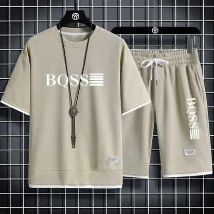 2025 new sportswear, men's summer breathable jogging set, men's printed round-neck short-sleeved shirt + elastic waist shorts