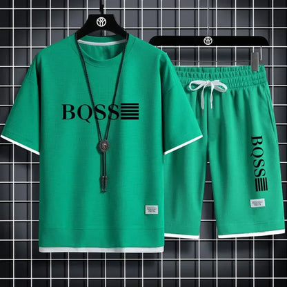 2025 new sportswear, men's summer breathable jogging set, men's printed round-neck short-sleeved shirt + elastic waist shorts
