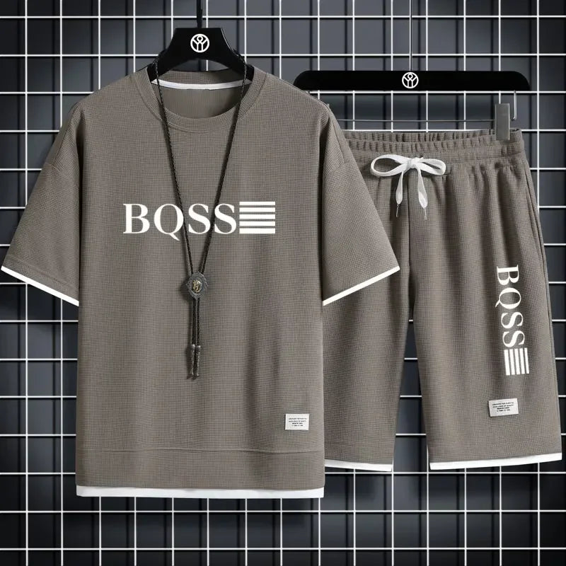 2025 new sportswear, men's summer breathable jogging set, men's printed round-neck short-sleeved shirt + elastic waist shorts