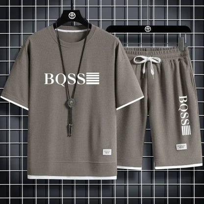 2025 new sportswear, men's summer breathable jogging set, men's printed round-neck short-sleeved shirt + elastic waist shorts