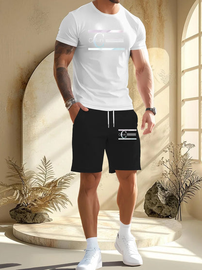 summer men  new casual sports suit Fashion breathable outdoor short-sleeved T-shirt + training shorts two-piece set