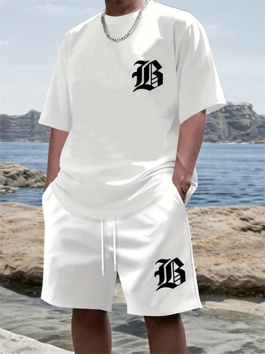 Men Casual Black TShirt Shorts Set Bold "B" 3D Print Tracksuit Summer Streetwear Men Sportwear Outdoor Shorts Sleeve Set 2 Piece
