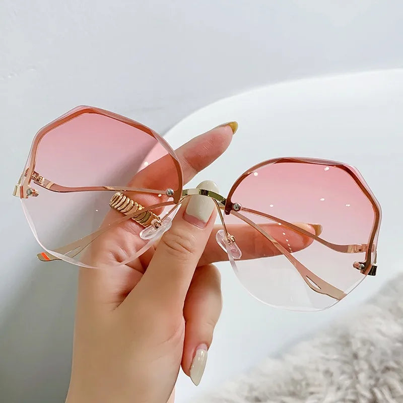 Trendy Fashionable Polygon Frameless Cut Edge Sunglasses Women's Metal Curved Legs Retro Street Photo Fashionglasses
