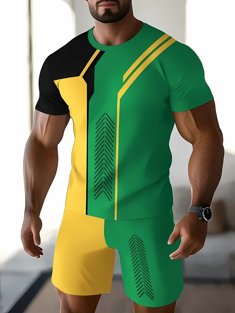 2025 summer new men's casual sports short sleeved shorts 3D printed men's T-shirt shorts set