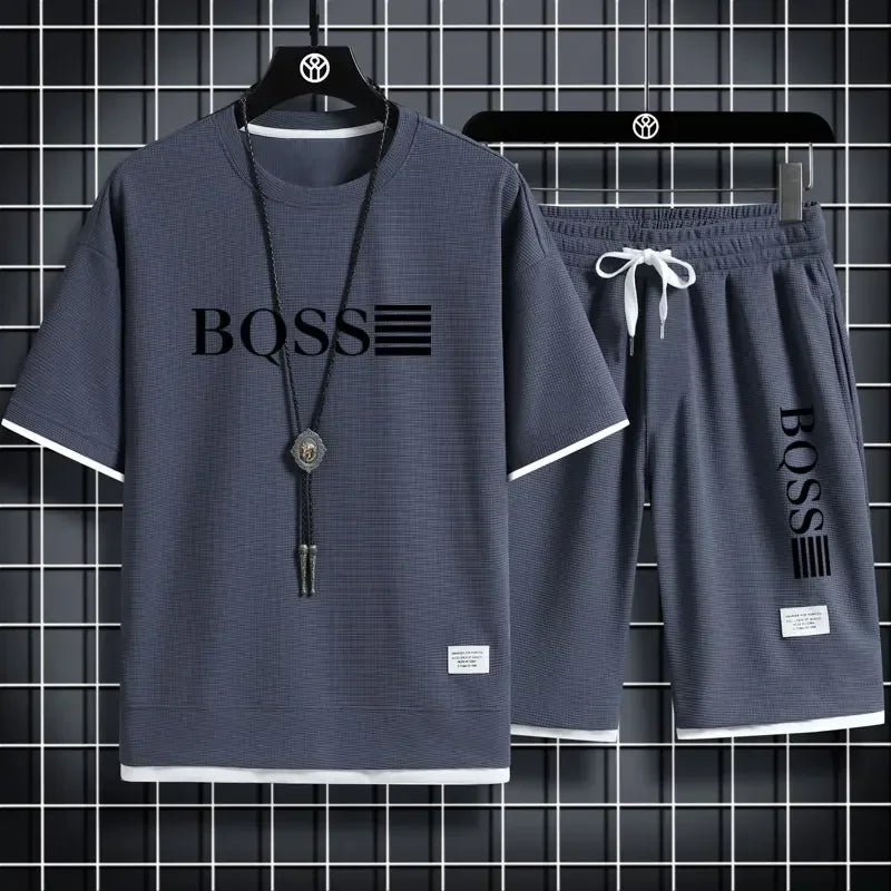 2025 new sportswear, men's summer breathable jogging set, men's printed round-neck short-sleeved shirt + elastic waist shorts