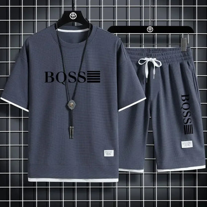 2025 new sportswear, men's summer breathable jogging set, men's printed round-neck short-sleeved shirt + elastic waist shorts