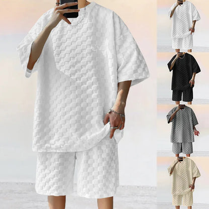 European and American Oversized Fashion Brand Men's Summer New Chessboard Plaid Loose Sports and Leisure Two-Piece Set
