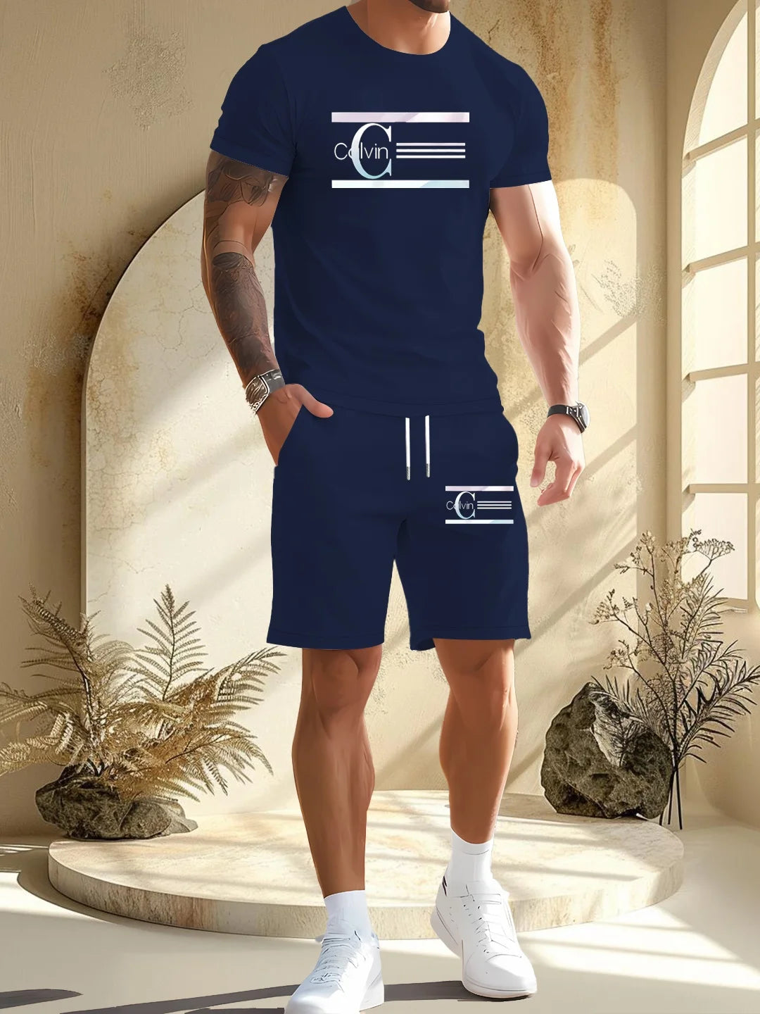 summer men  new casual sports suit Fashion breathable outdoor short-sleeved T-shirt + training shorts two-piece set
