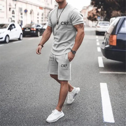 Men's Clothing Summer Suit CR7 Sports Suit Comfortable Breathable Mesh Running Sets Jogging Fitness Tracksuit T-shirt casual set