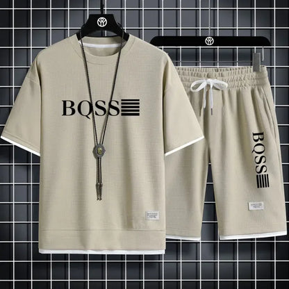 2025 new sportswear, men's summer breathable jogging set, men's printed round-neck short-sleeved shirt + elastic waist shorts