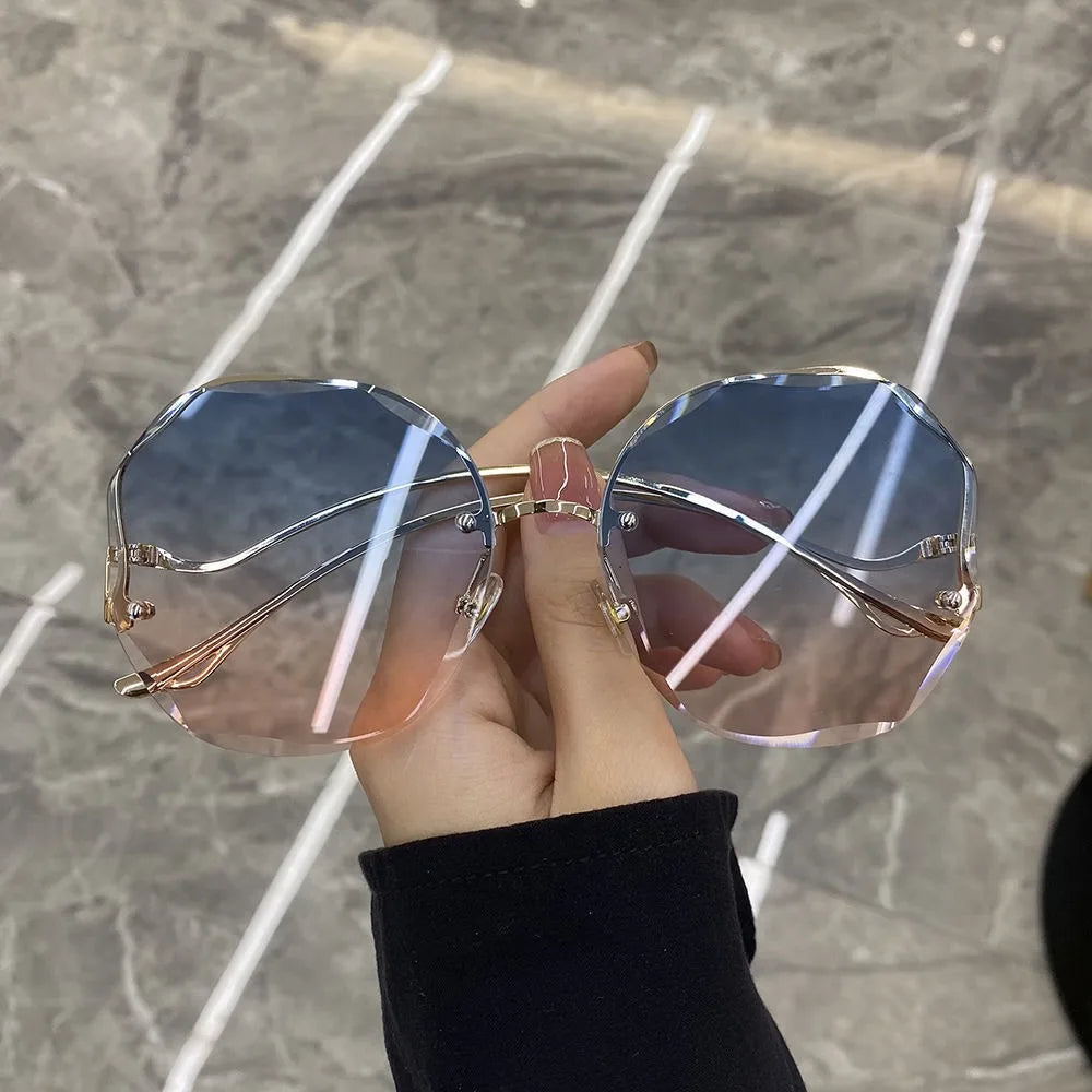 Trendy Fashionable Polygon Frameless Cut Edge Sunglasses Women's Metal Curved Legs Retro Street Photo Fashionglasses