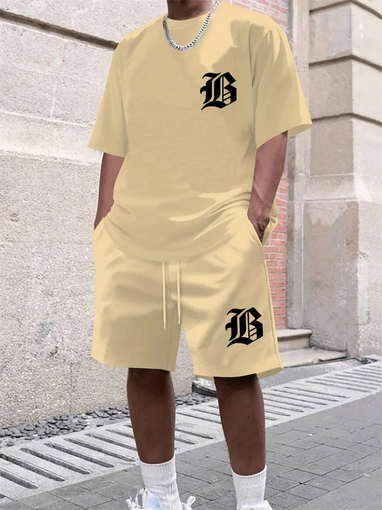 Men Casual Black TShirt Shorts Set Bold "B" 3D Print Tracksuit Summer Streetwear Men Sportwear Outdoor Shorts Sleeve Set 2 Piece