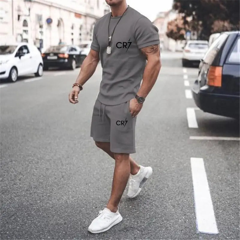 Men's Clothing Summer Suit CR7 Sports Suit Comfortable Breathable Mesh Running Sets Jogging Fitness Tracksuit T-shirt casual set